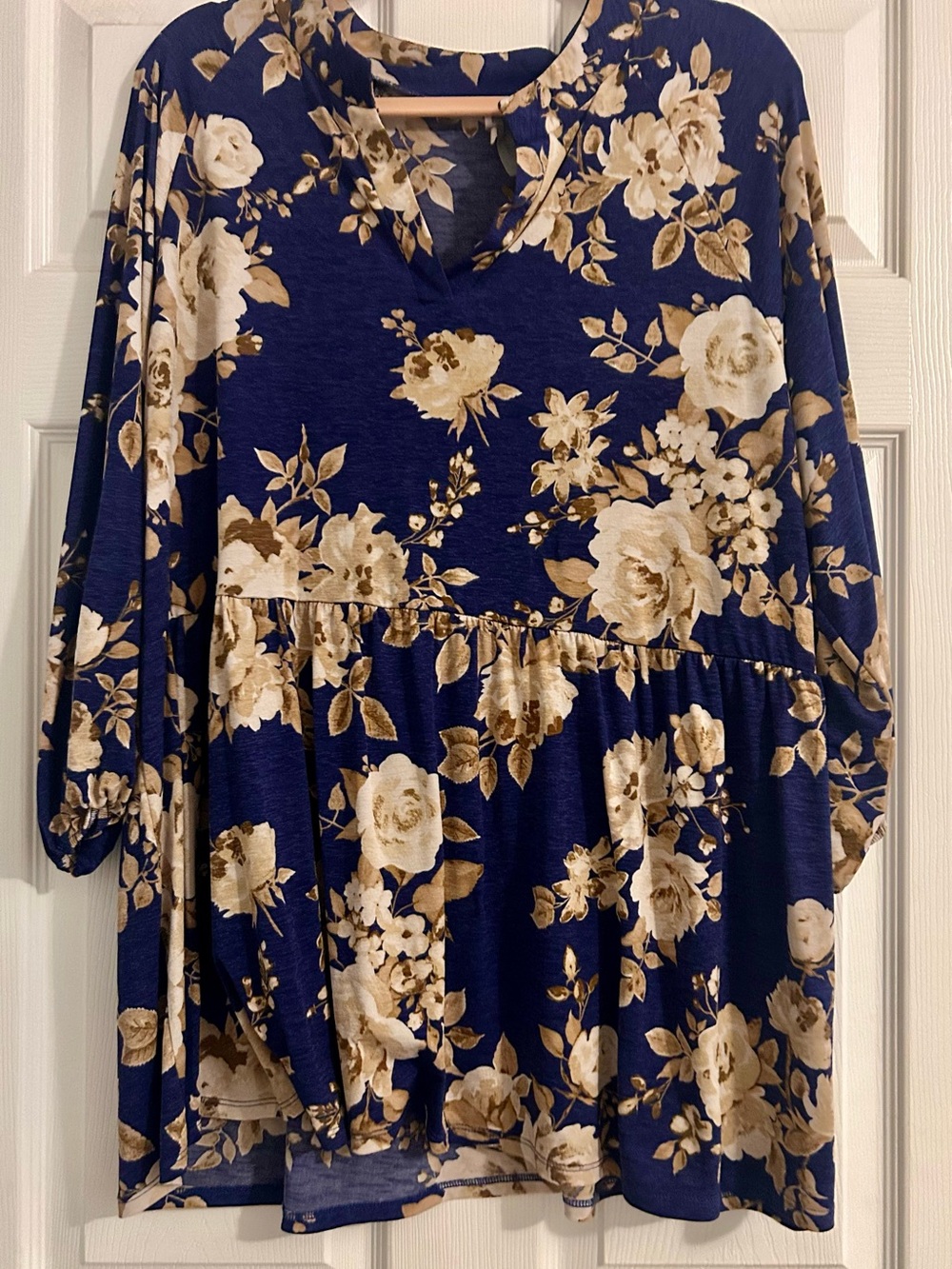 Honeyme Navy and Beige Floral Peplum Top